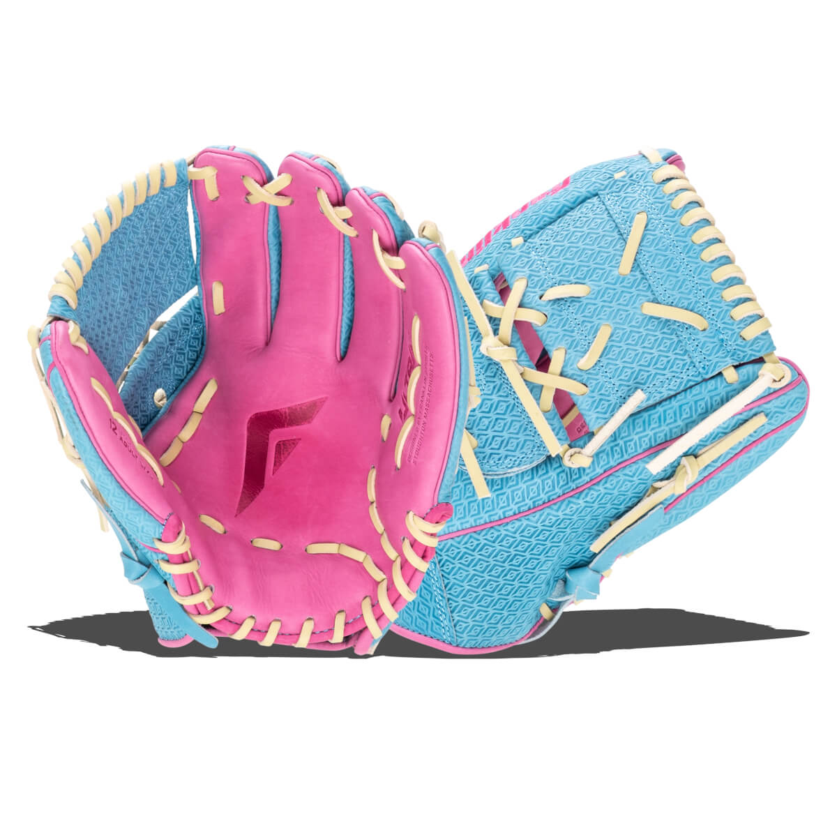 Front view of a pink and blue baseball glove with yellow lacing and a diamond pattern.