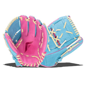Front view of a pink and blue baseball glove with yellow lacing and a diamond pattern.