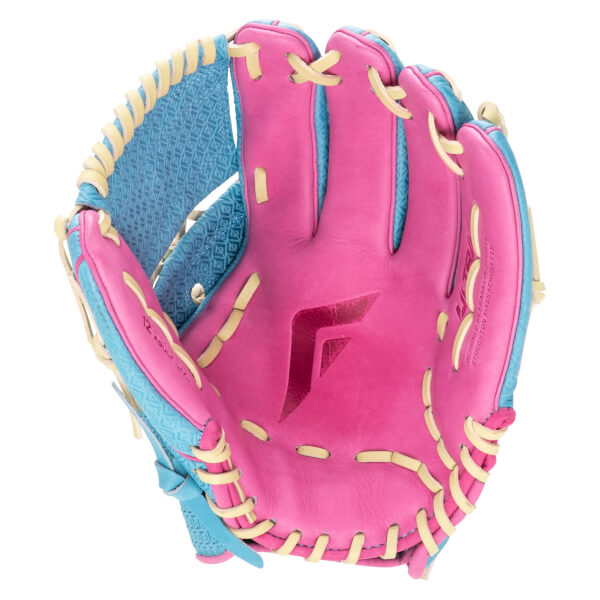 Top-down view of a pink and blue baseball glove with yellow lacing and a "12" size indicator.