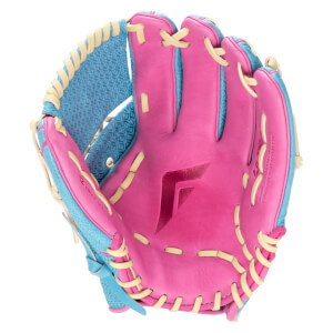 Top-down view of a pink and blue baseball glove with yellow lacing and a "12" size indicator.