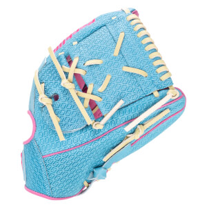 Top-down view of a blue baseball glove with a diamond pattern, pink trim, and tan lacing.