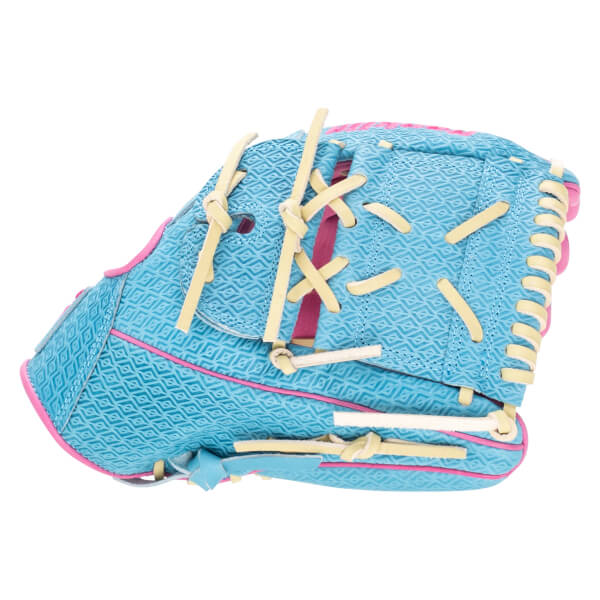 Side view of a blue baseball glove with a diamond pattern, pink trim, and tan lacing.