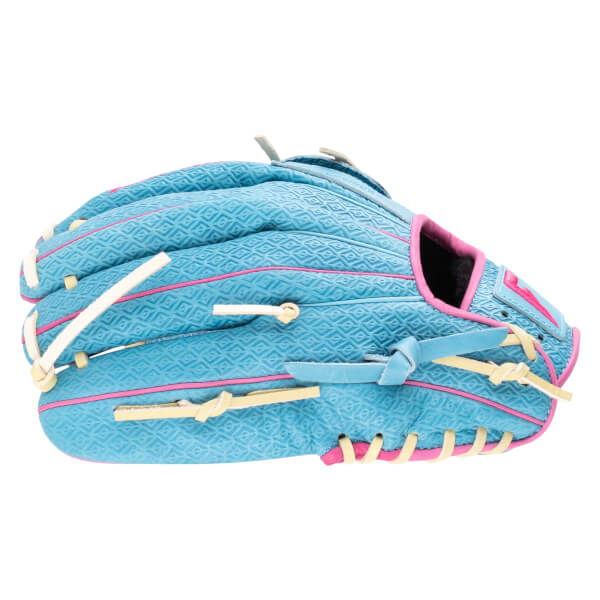 Side view of a blue baseball glove with pink trim and diamond pattern stitching.