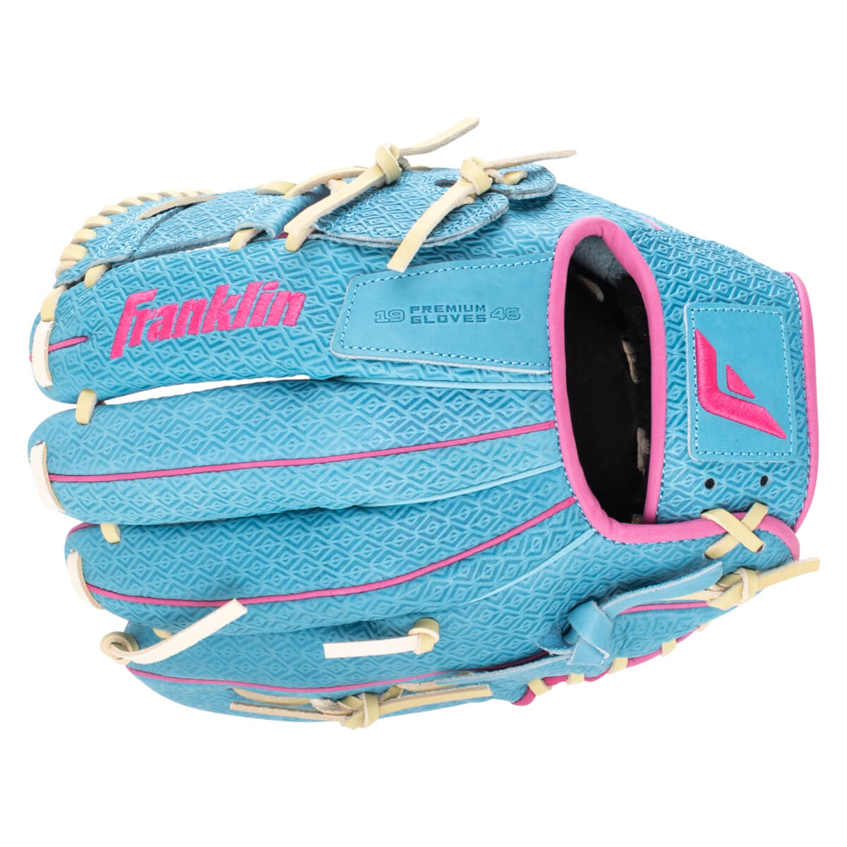 Top-down view of a blue Franklin baseball glove with pink accents and diamond pattern.