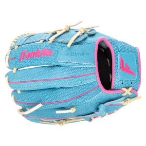 Top-down view of a blue Franklin baseball glove with pink accents and diamond pattern.