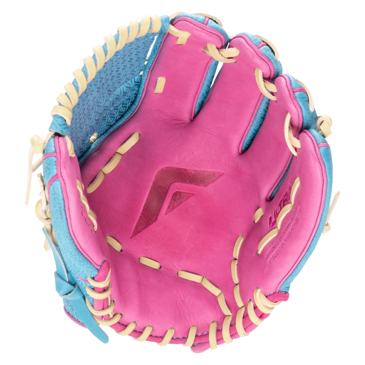 Top-down view of a pink and blue baseball glove with yellow lacing and a "F" logo.
