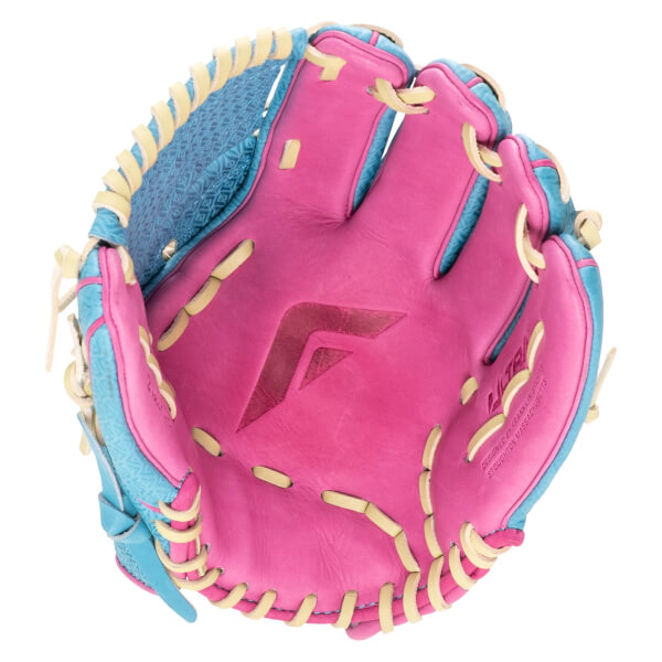 Top-down view of a pink and blue baseball glove with yellow lacing and a "F" logo.