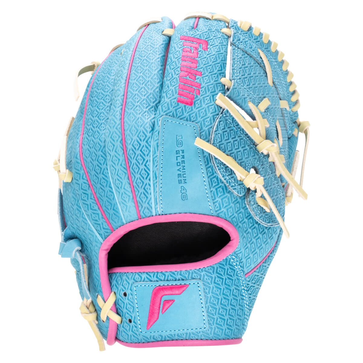 Front view of a blue baseball glove with pink stitching, a "Franklin" logo, and "19 PREMIUM GLOVES" text.