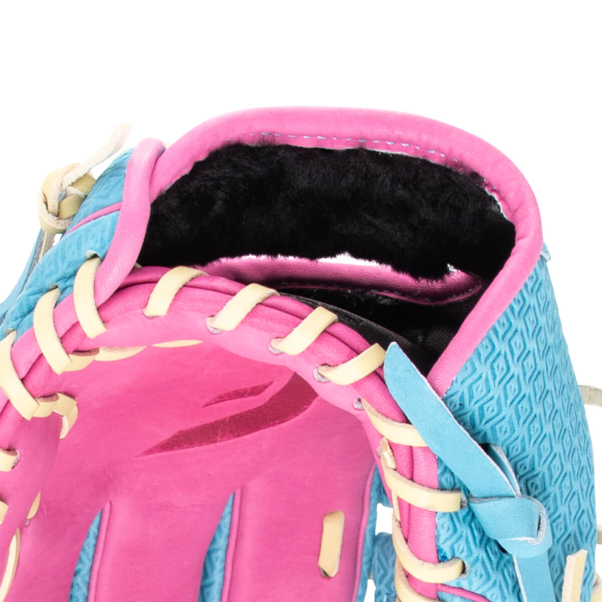 Close-up of a pink and blue baseball glove showing the textured blue exterior and soft black interior lining.