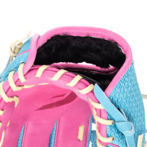 Close-up of a pink and blue baseball glove showing the textured blue exterior and soft black interior lining.