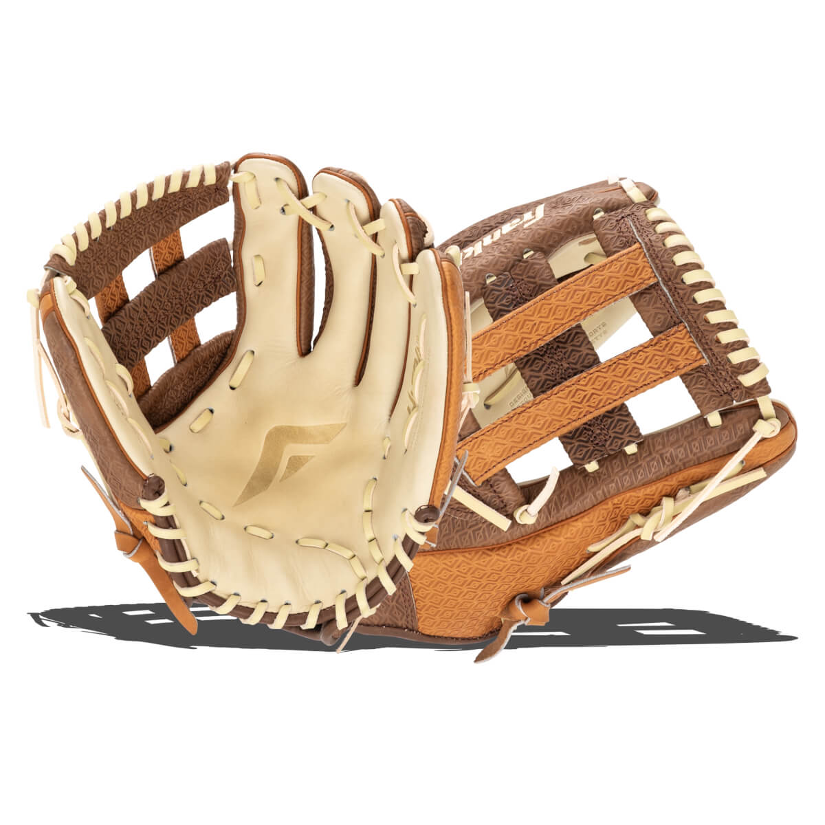 Close-up of a baseball glove showing the tan palm with a "F" logo and brown woven finger stalls.