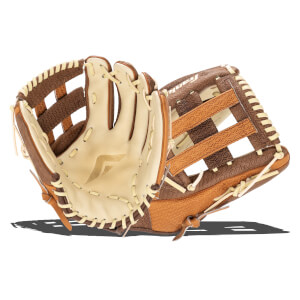 Close-up of a baseball glove showing the tan palm with a "F" logo and brown woven finger stalls.