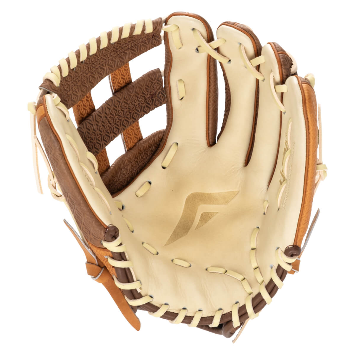 Top-down view of a baseball glove with a tan palm, brown lacing, and a textured brown finger stall.