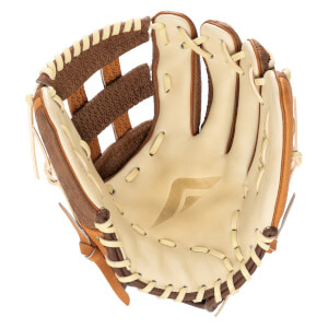 Top-down view of a baseball glove with a tan palm, brown lacing, and a textured brown finger stall.