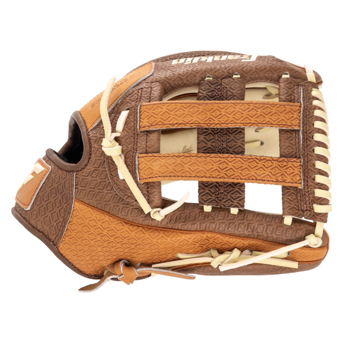 Side view of a brown baseball glove with a diamond pattern and tan lacing.