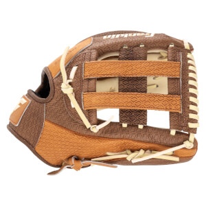 Side view of a brown baseball glove with a diamond pattern and tan lacing.