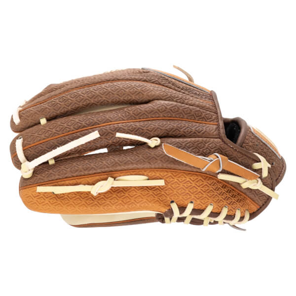 Side view of a brown baseball glove with a diamond pattern, tan lacing, and white binding.