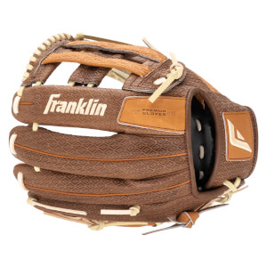 Side view of a brown Franklin baseball glove with a diamond pattern and "19 PREMIUM GLOVES 46" text.