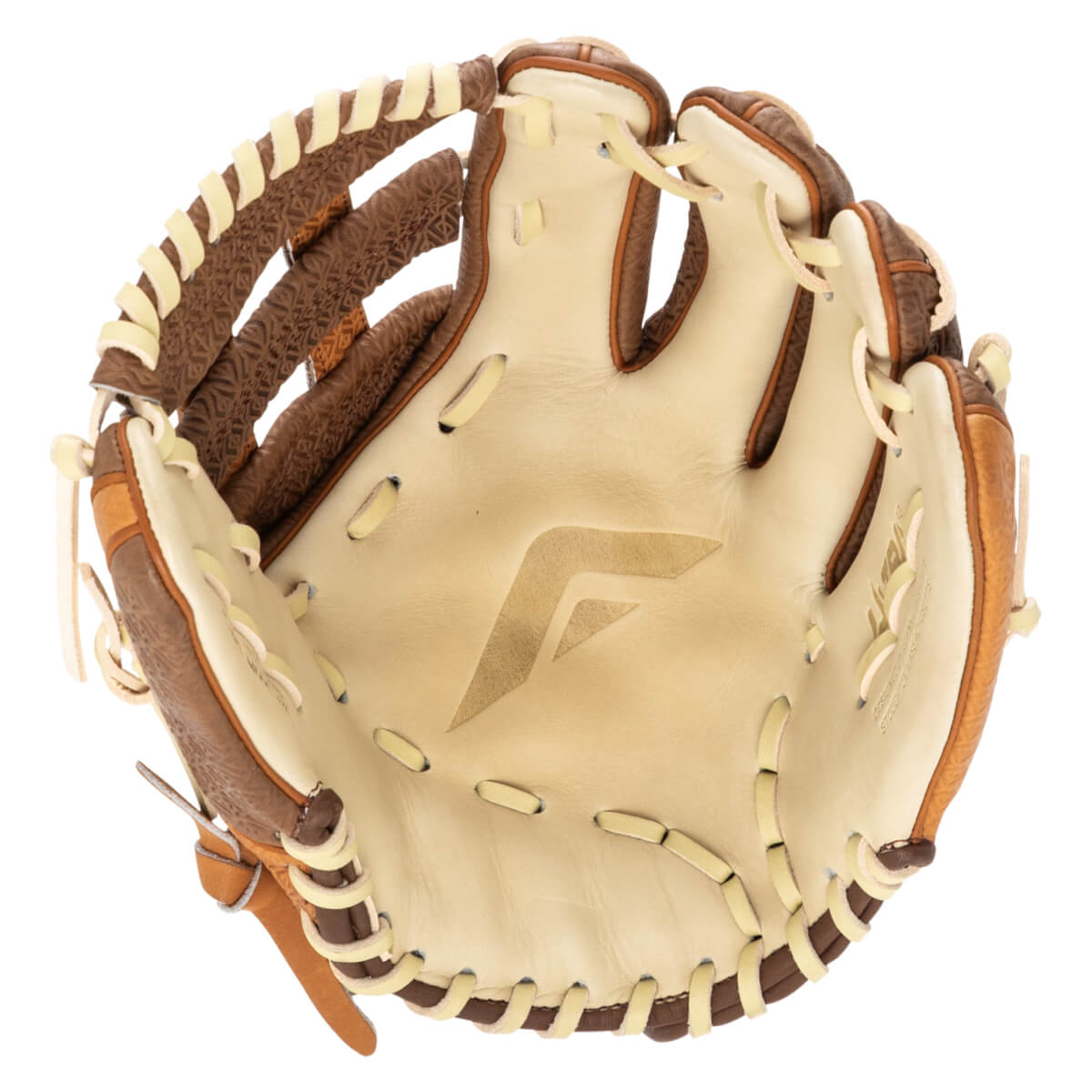 Top-down view of an open baseball glove with a tan palm, brown finger stalls, and cream lacing.