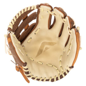 Top-down view of an open baseball glove with a tan palm, brown finger stalls, and cream lacing.