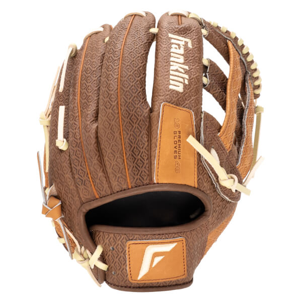 Front view of a brown baseball glove with a diamond pattern, featuring the "Franklin" logo and "1965 PREMIUM GLOVES 46" text.