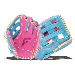 Close-up of a pink and blue baseball glove showing the "F" logo on the palm and diamond pattern on the webbing.