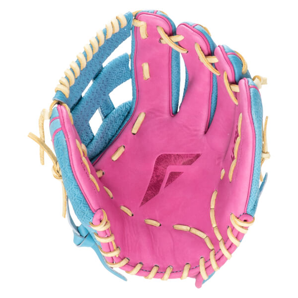 Top-down view of a pink and blue baseball glove with a stylized "F" logo.