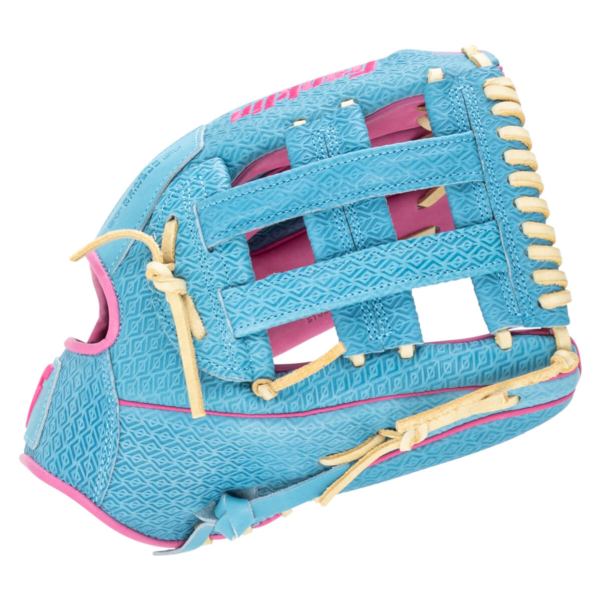 Side view of a blue baseball glove with pink accents and a diamond pattern.