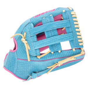 Side view of a blue baseball glove with pink accents and a diamond pattern.