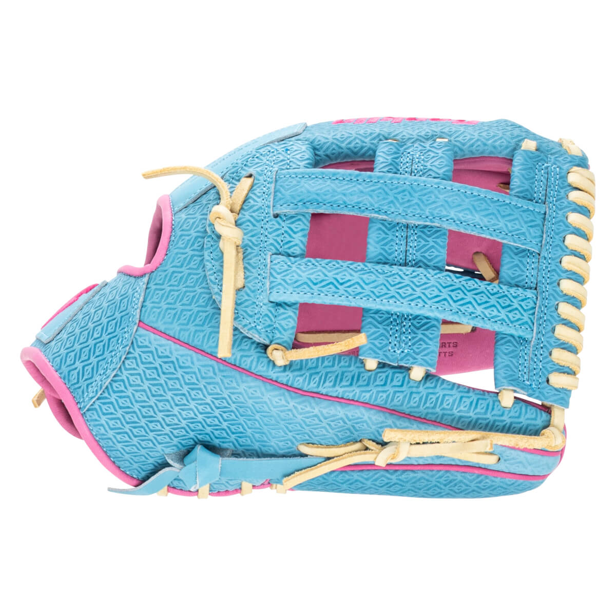 Side view of a blue baseball glove with pink trim and a diamond pattern, showing tan lacing.