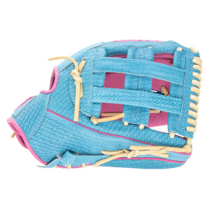 Side view of a blue baseball glove with pink trim and a diamond pattern, showing tan lacing.