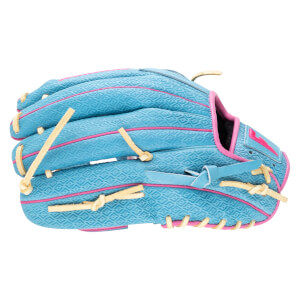 Side view of a blue baseball glove with pink trim and a diamond pattern.