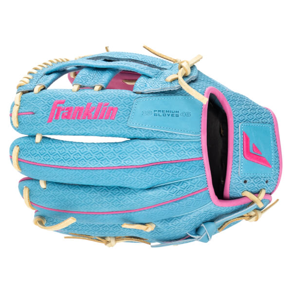Top-down view of a blue Franklin glove with pink trim and stitching, featuring a diamond pattern and "Franklin" logo.