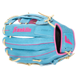 Top-down view of a blue Franklin glove with pink trim and stitching, featuring a diamond pattern and "Franklin" logo.