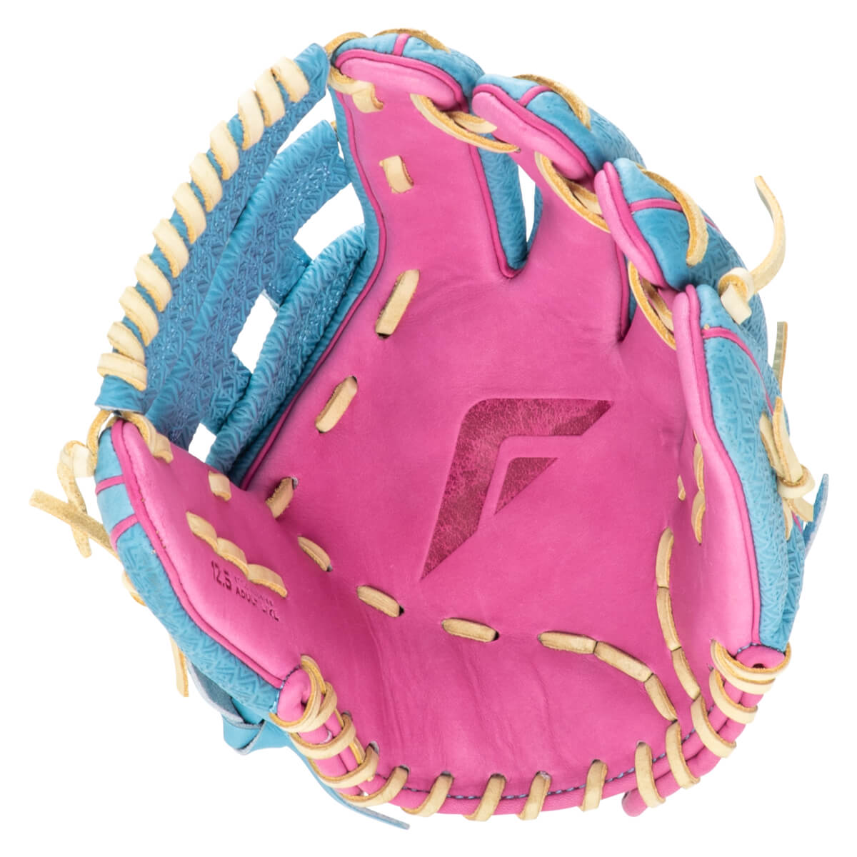 Top-down view of a pink and blue baseball glove with tan lacing and a prominent "F" logo.