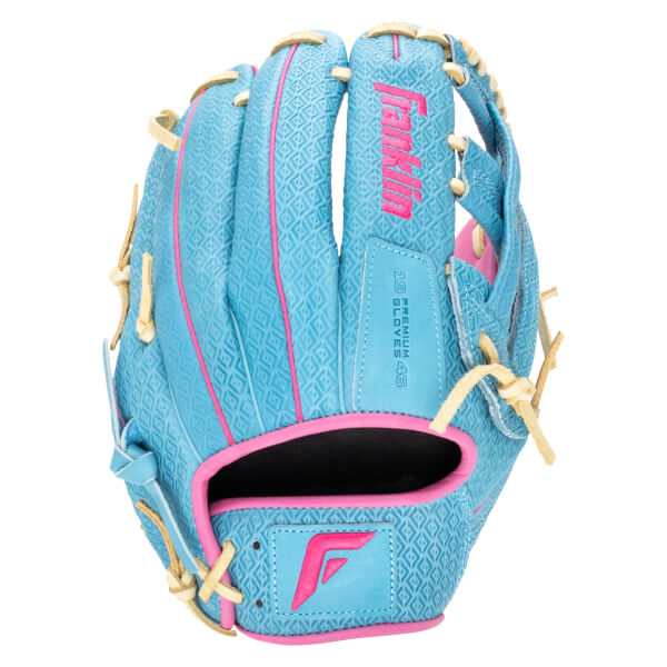 Front view of a blue Franklin baseball glove with pink accents, featuring a diamond pattern and "Franklin" text.