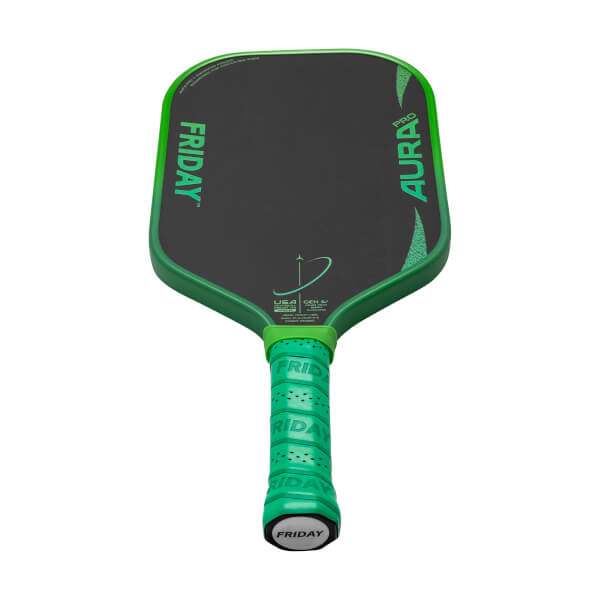 Front view of a black pickleball paddle with green edge, FRIDAY and AURA PRO text, and a green grip.