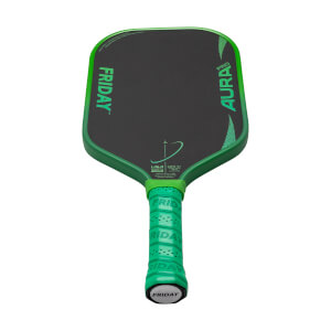 Front view of a black pickleball paddle with green edge, FRIDAY and AURA PRO text, and a green grip.
