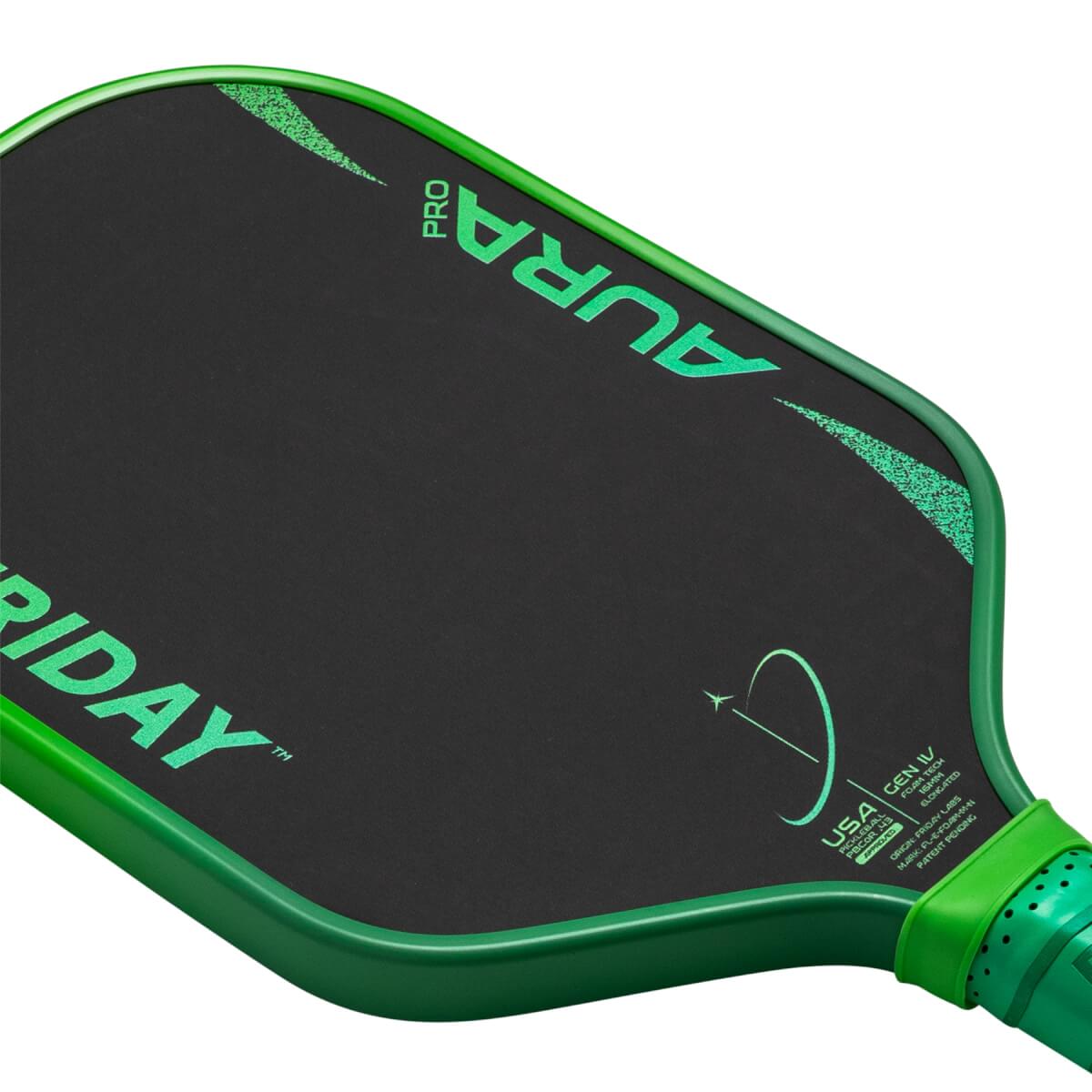 Angled front view of a black pickleball paddle with bright green edge guard, FRIDAY AURA PRO text, and a circular target graphic.