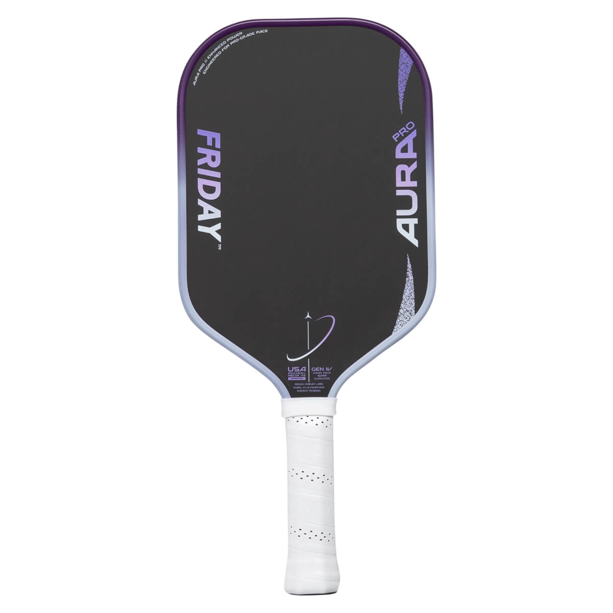 Front view of a black pickleball paddle with a purple edge guard, gradient FRIDAY AURA PRO text, and a white perforated grip.