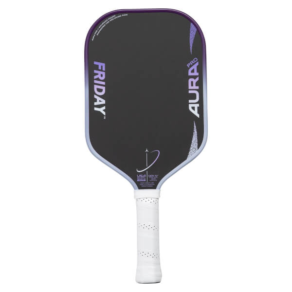 Front view of a black pickleball paddle with a purple edge guard, gradient FRIDAY AURA PRO text, and a white perforated grip.
