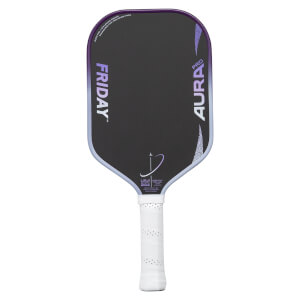 Front view of a black pickleball paddle with a purple edge guard, gradient FRIDAY AURA PRO text, and a white perforated grip.