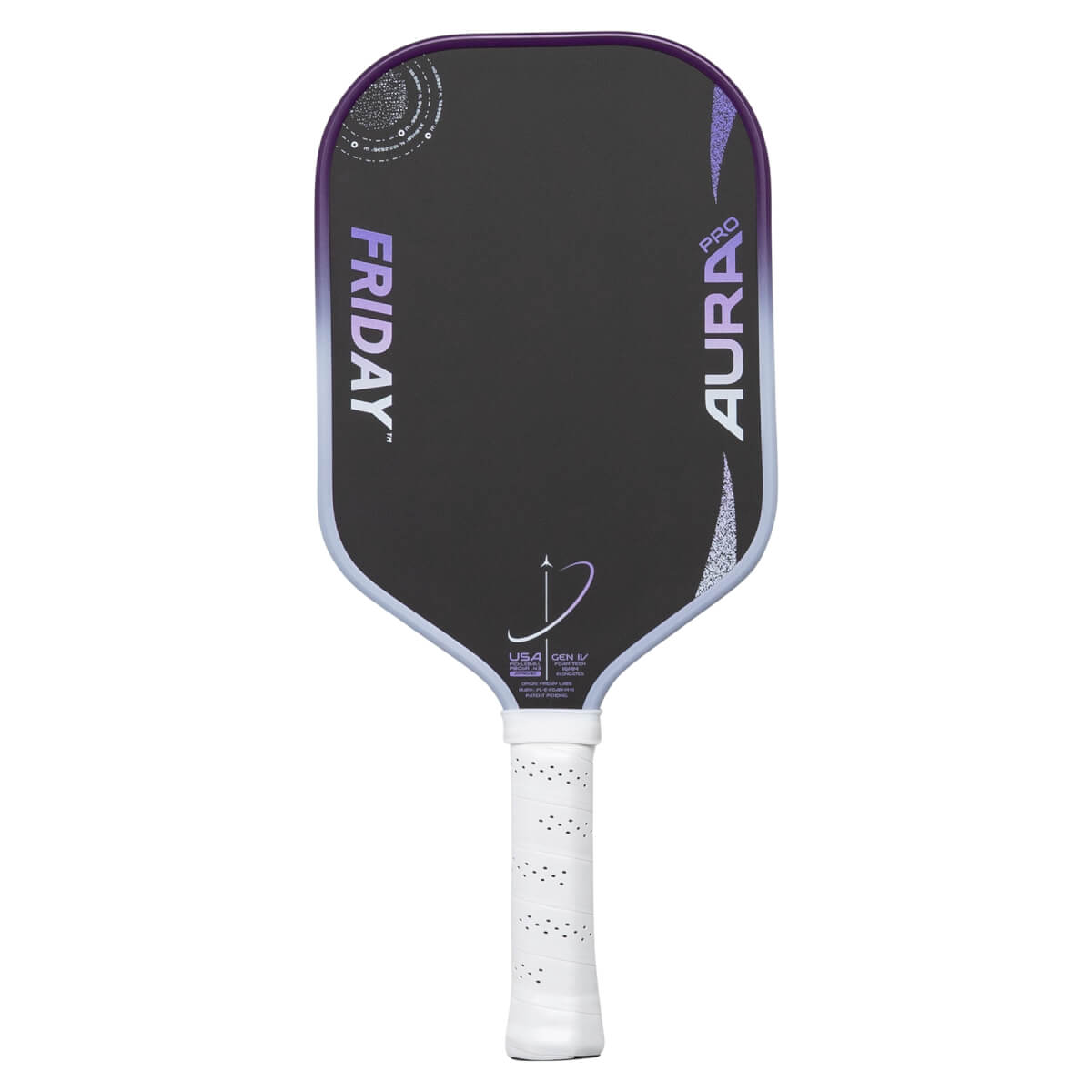 Front view of a black pickleball paddle with FRIDAY and AURA PRO in purple, and a white perforated grip.