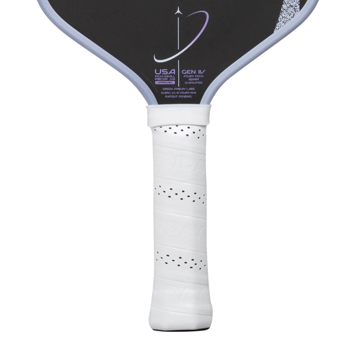 Close-up of a white and black pickleball paddle with a perforated grip, USA text, and a purple graphic.