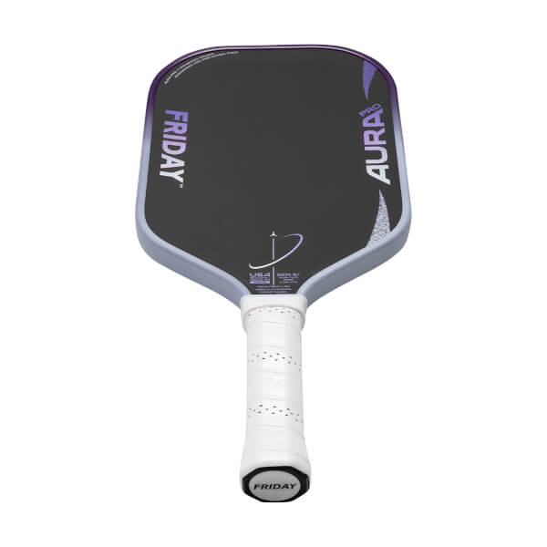 Angled front view of a dark gray pickleball paddle with purple FRIDAY AURA PRO text and a white perforated grip.