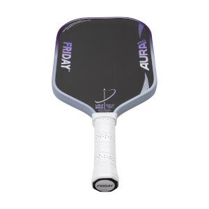 Angled front view of a dark gray pickleball paddle with purple FRIDAY AURA PRO text and a white perforated grip.