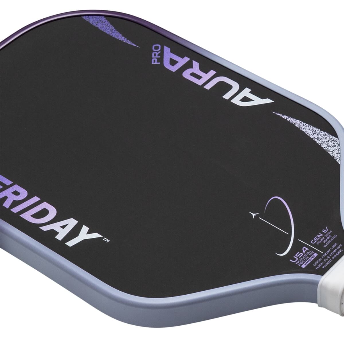 Angled front view of a black pickleball paddle with purple FRIDAY AURA PRO text and speckled graphic details.