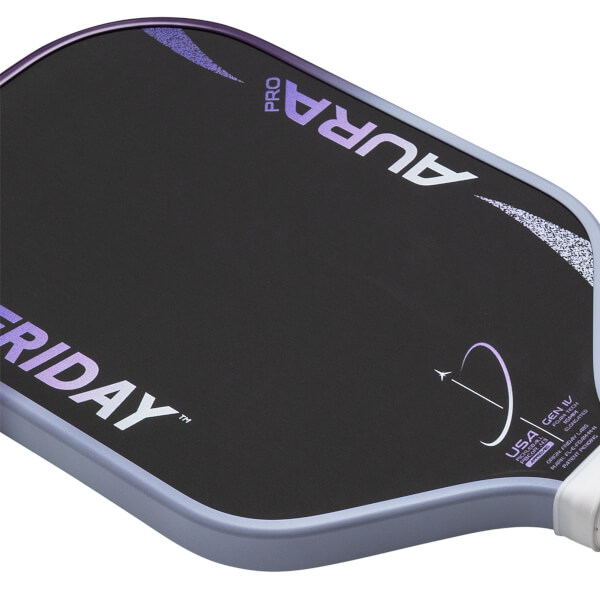 Angled front view of a black pickleball paddle with purple FRIDAY AURA PRO text and speckled graphic details.