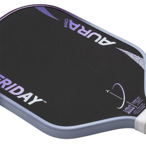 Angled front view of a black pickleball paddle with purple FRIDAY AURA PRO text and speckled graphic details.