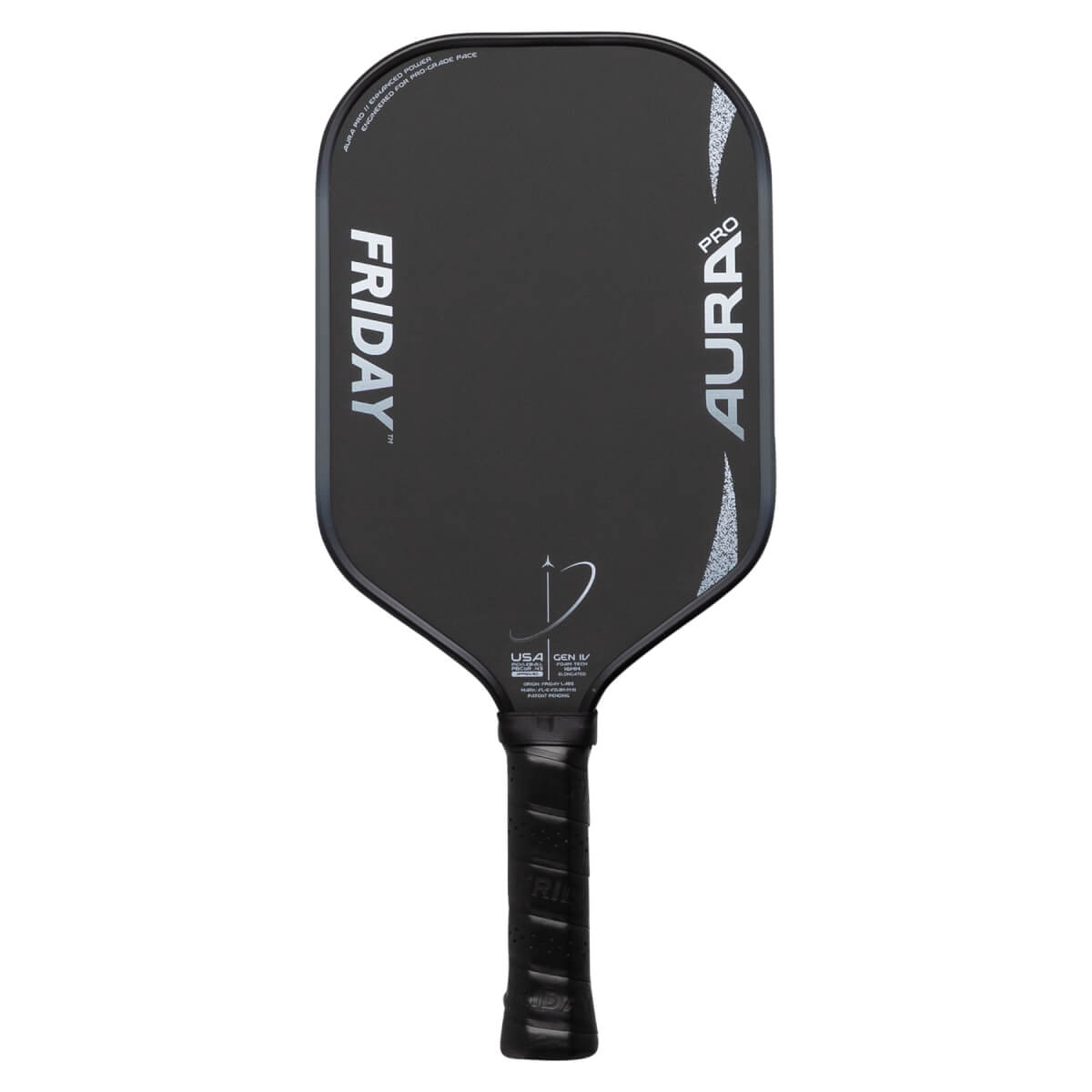 Front view of a black pickleball paddle with FRIDAY and AURA PRO text, a stylized logo, and speckled edges.